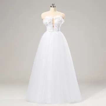 Fairytale White Bow Flower Prom Dresses Sweet 16 Formal Dresses 2024 A Line Princess Crossed Straps Floor Length Long Backless Tulle Strapless Sleeveless