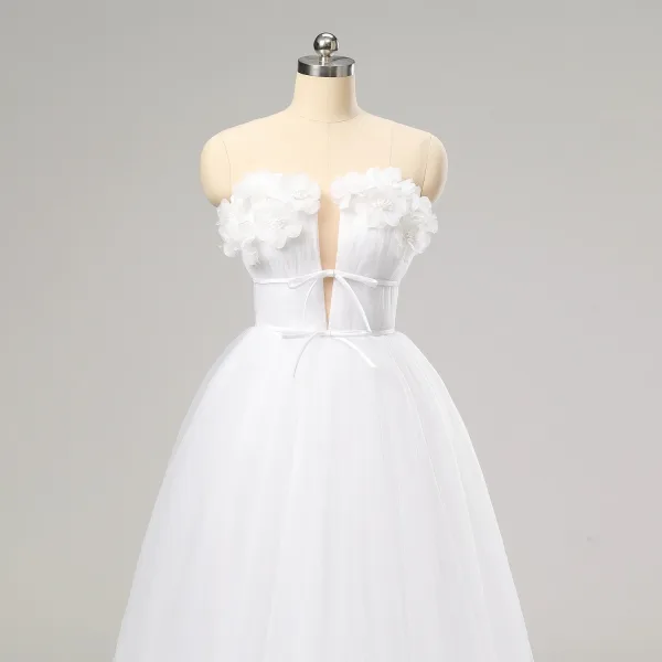 Fairytale White Bow Flower Prom Dresses Sweet 16 Formal Dresses 2024 A-Line / Princess Crossed Straps Floor-Length / Long Backless Tulle Strapless Sleeveless