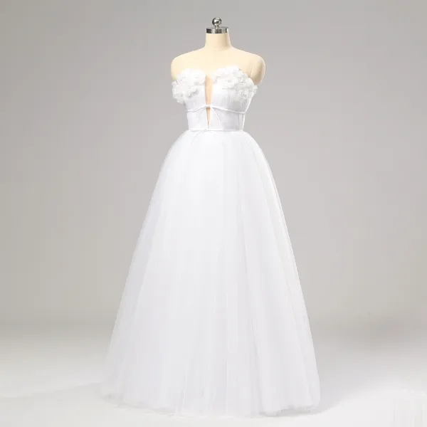 Fairytale White Bow Flower Prom Dresses Sweet 16 Formal Dresses 2024 A-Line / Princess Crossed Straps Floor-Length / Long Backless Tulle Strapless Sleeveless