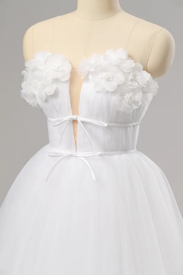 Fairytale White Bow Flower Prom Dresses Sweet 16 Formal Dresses 2024 A-Line / Princess Crossed Straps Floor-Length / Long Backless Tulle Strapless Sleeveless