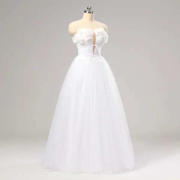 Fairytale White Bow Flower Prom Dresses Sweet 16 Formal Dresses 2024 A-Line / Princess Crossed Straps Floor-Length / Long Backless Tulle Strapless Sleeveless