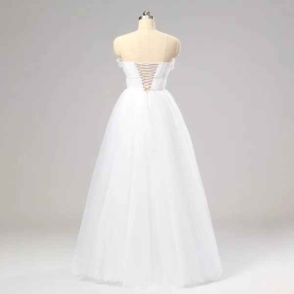 Fairytale White Bow Flower Prom Dresses Sweet 16 Formal Dresses 2024 A-Line / Princess Crossed Straps Floor-Length / Long Backless Tulle Strapless Sleeveless