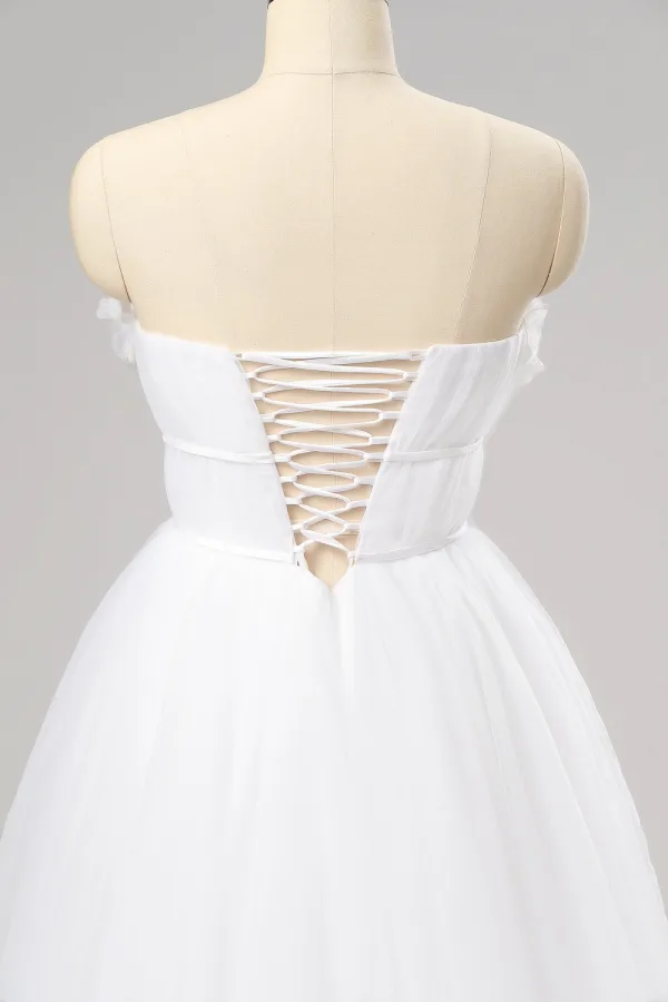 Fairytale White Bow Flower Prom Dresses Sweet 16 Formal Dresses 2024 A-Line / Princess Crossed Straps Floor-Length / Long Backless Tulle Strapless Sleeveless