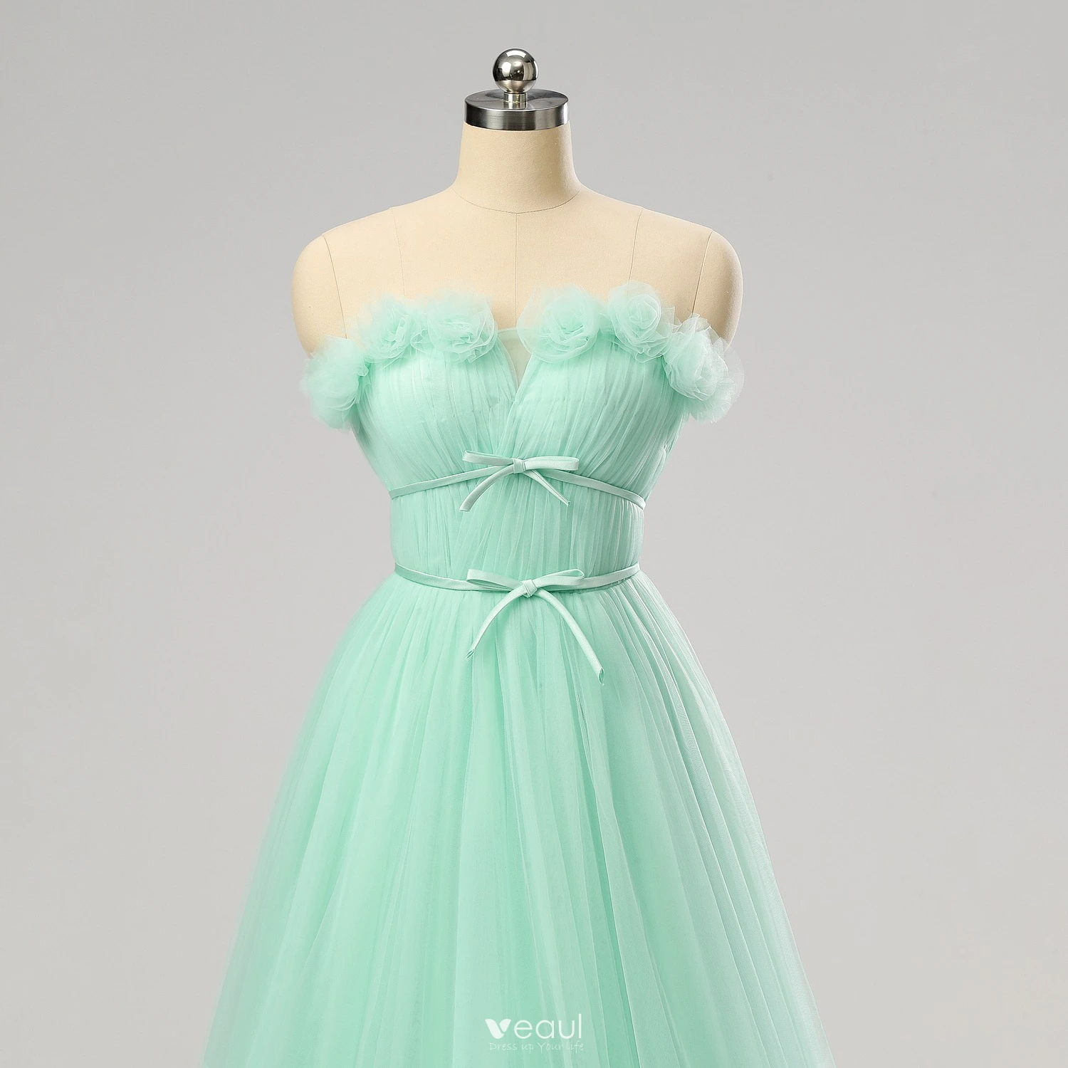 Elegant Green Flower Prom Dresses Split Front Ruffle Tulle Formal Dresses 2024 A-Line / Princess Crossed Straps Floor-Length / Long Strapless