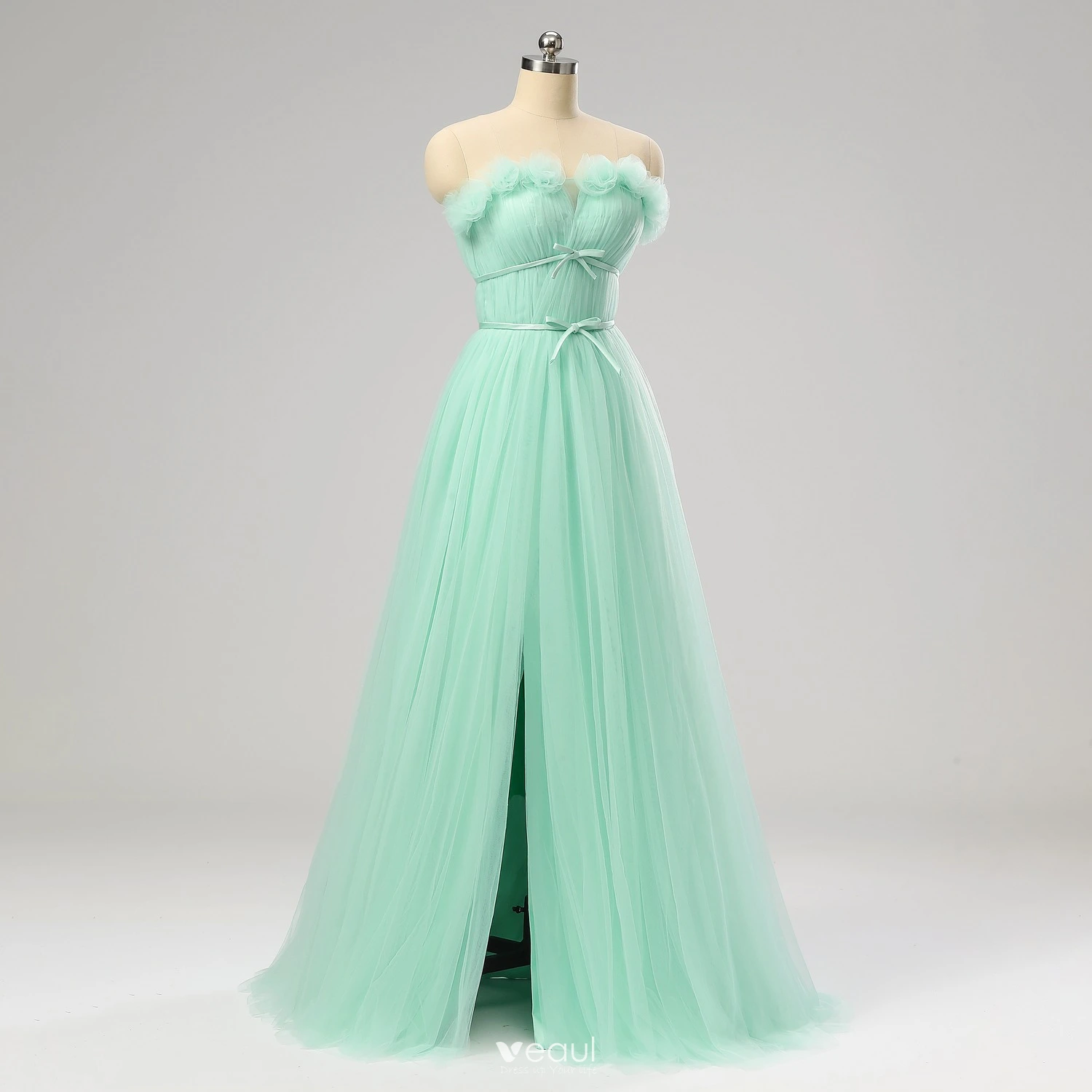 Elegant Green Flower Prom Dresses Split Front Ruffle Tulle Formal Dresses 2024 A-Line / Princess Crossed Straps Floor-Length / Long Strapless