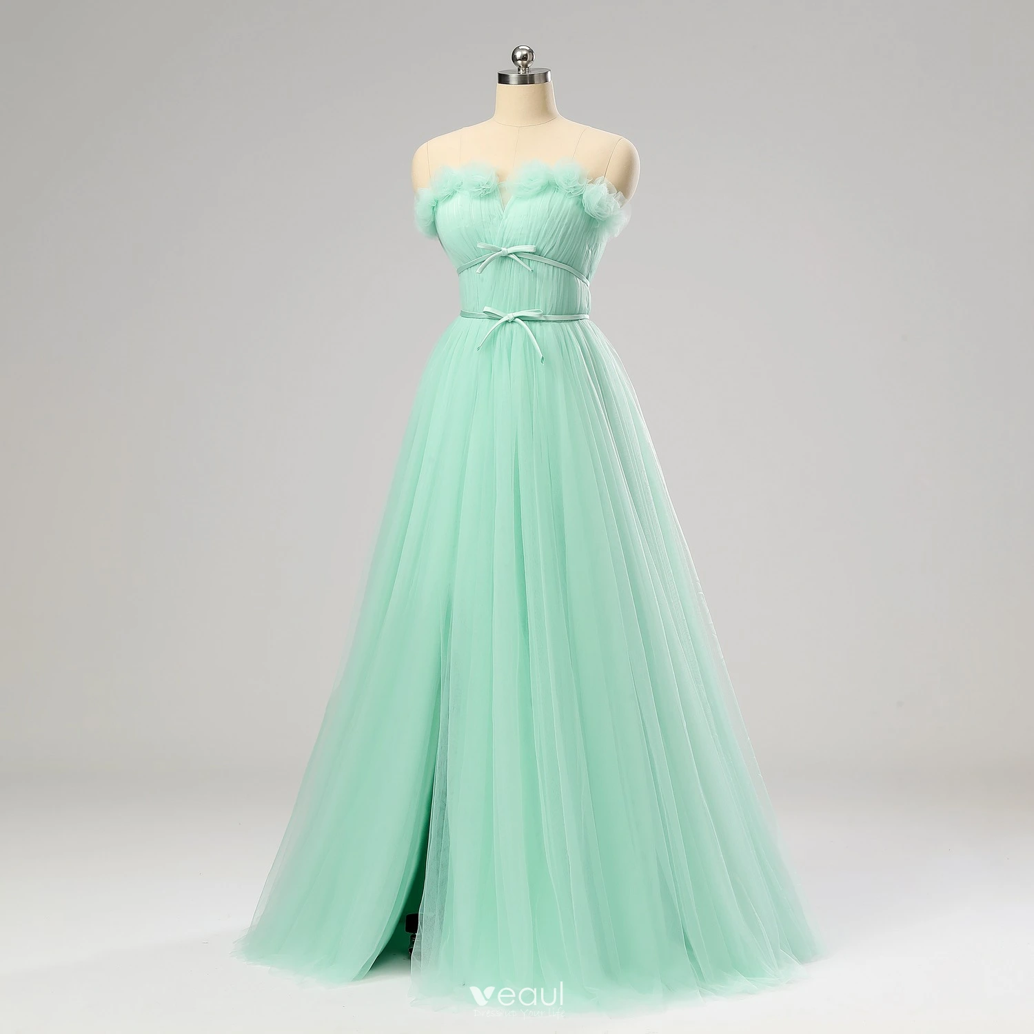A Line Tulle Strapless Green Flowers Prom Dress A Line Tulle Strapless Green Flowers Prom Dress