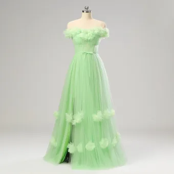 Charming Princess Sage Green Flower Split Front Prom Dresses 2024 Ruffle Tulle Formal Dresses Floor Length Long Crossed Straps Strapless Sash Sleeveless