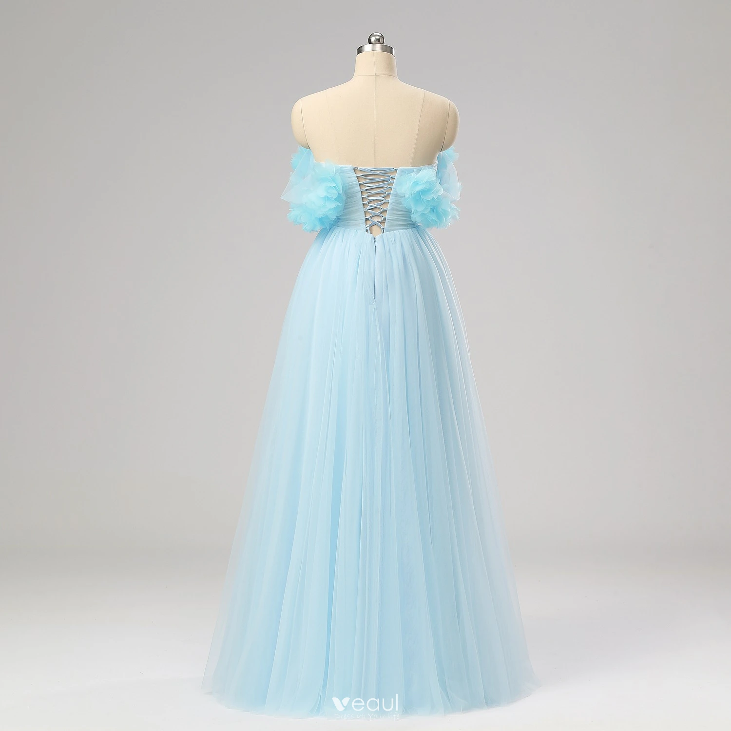 Stunning Sky Blue Split Front Prom Dresses 2024 Sweet 16 Formal Dresses  Off-The-Shoulder Crossed Straps Ruffle Tulle A-Line / Princess Short Sleeve