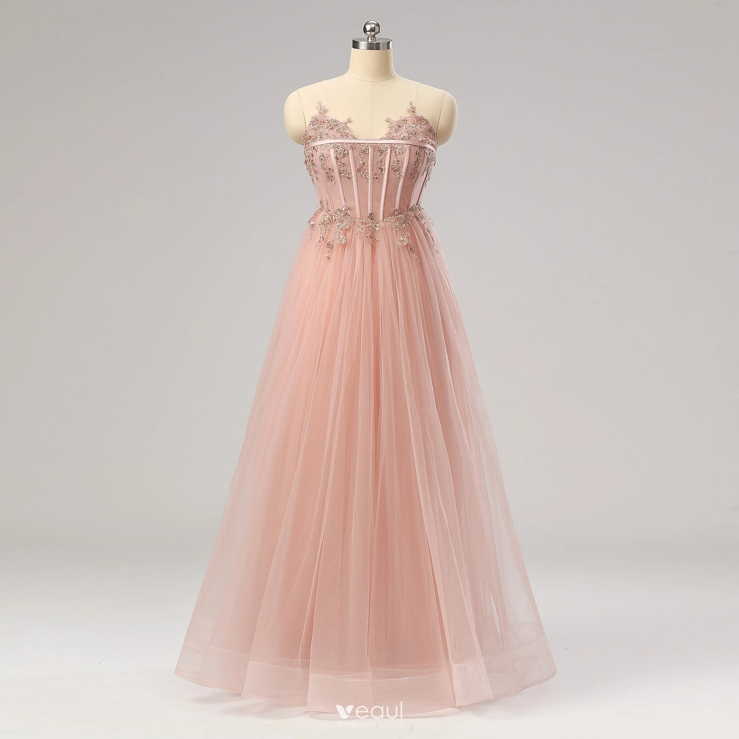strapless open back dress Pink Tulle with Wine Red Velvet Sweetheart Prom Dress, A-line Long Par –  Cutedressy main image 0