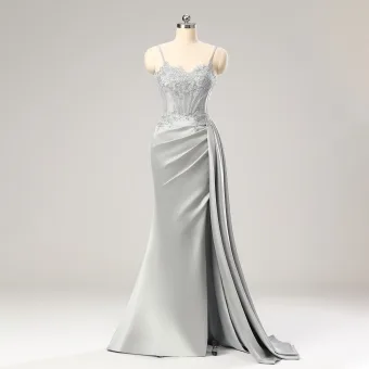 Sexy Split Front Grey Trumpet Mermaid Prom Dresses 2024 Spaghetti Straps Evening Dresses Lace Satin Zipper Up Floor Length Long Sleeveless