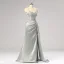Sexy Gespaltete Front Grau Meerjungfrau Ballkleider 2024 Spaghettiträger Abendkleider Spitze Satin Reißverschluss Lange Ärmellos