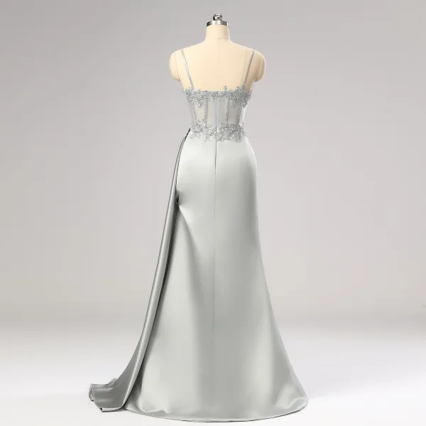 Sexy Gespaltete Front Grau Meerjungfrau Ballkleider 2024 Spaghettiträger Abendkleider Spitze Satin Reißverschluss Lange Ärmellos