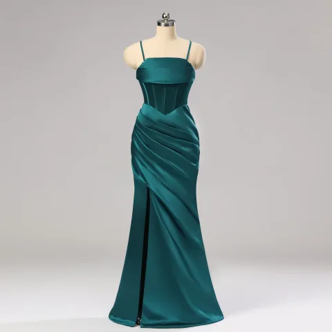Sexy Gespaltete Front Abendkleider Ballkleider Rüschen Dunkelgrün Satin 2024