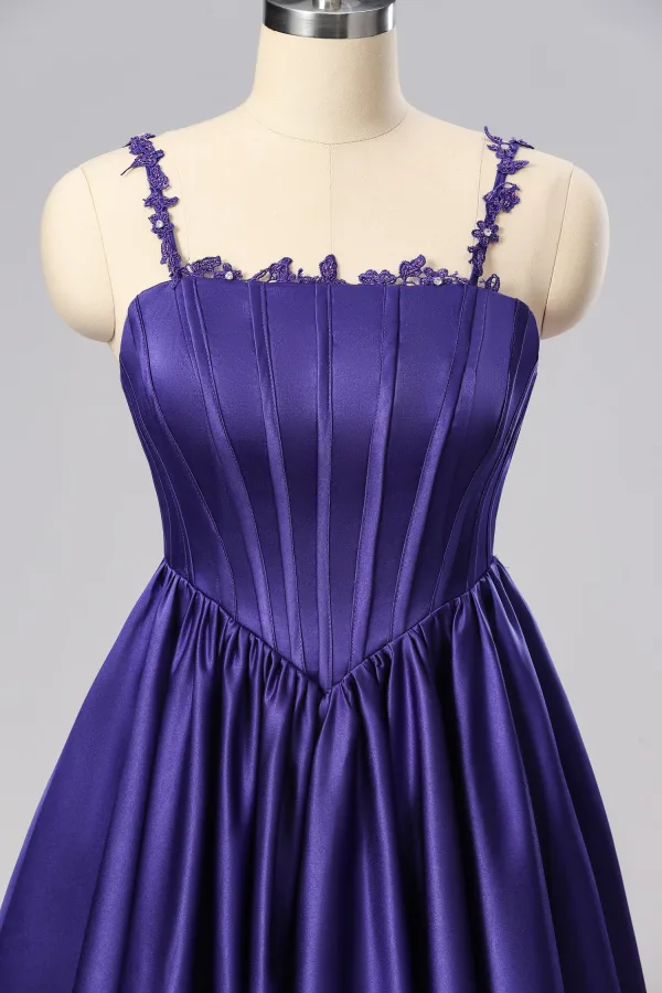 Prinsessa Purple Satin Korsett Balklänningar 2024 Spets Spaghettiband Formella Klänningar Korsade remmar Långa Ärmlös