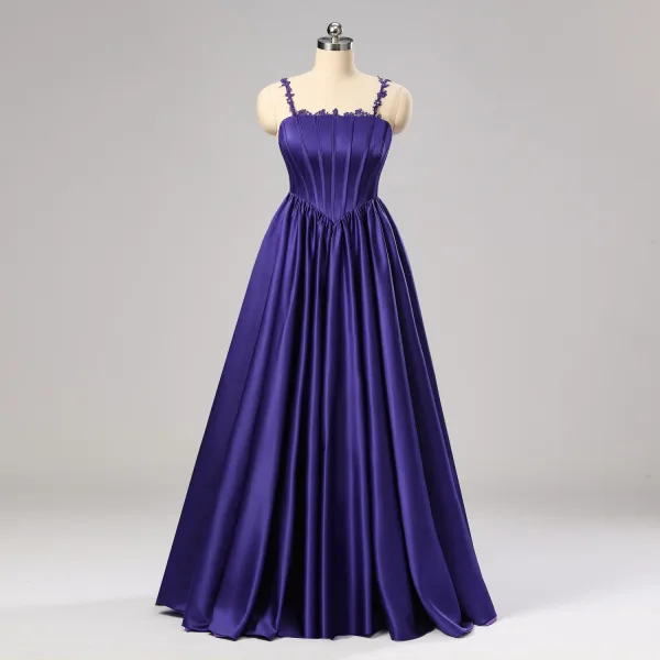 Prinsessa Purple Satin Korsett Balklänningar 2024 Spets Spaghettiband Formella Klänningar Korsade remmar Långa Ärmlös
