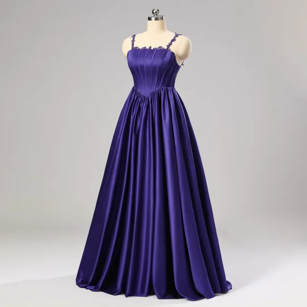 Prinsessa Purple Satin Korsett Balklänningar 2024 Spets Spaghettiband Formella Klänningar Korsade remmar Långa Ärmlös