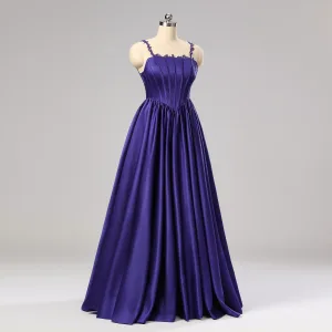 Prinsesse Purple Satin Korsett Ballkjoler 2024 Blonder Spaghettistropper Formelle Kjoler Kryssede Stropper Lange Uten Ermer
