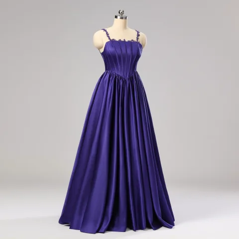 Prinzessin Violett Satin Korsett Ballkleider 2024 Spitze Spaghettiträger Festliche Kleider Gekreuzte Träger Lange Ärmellos