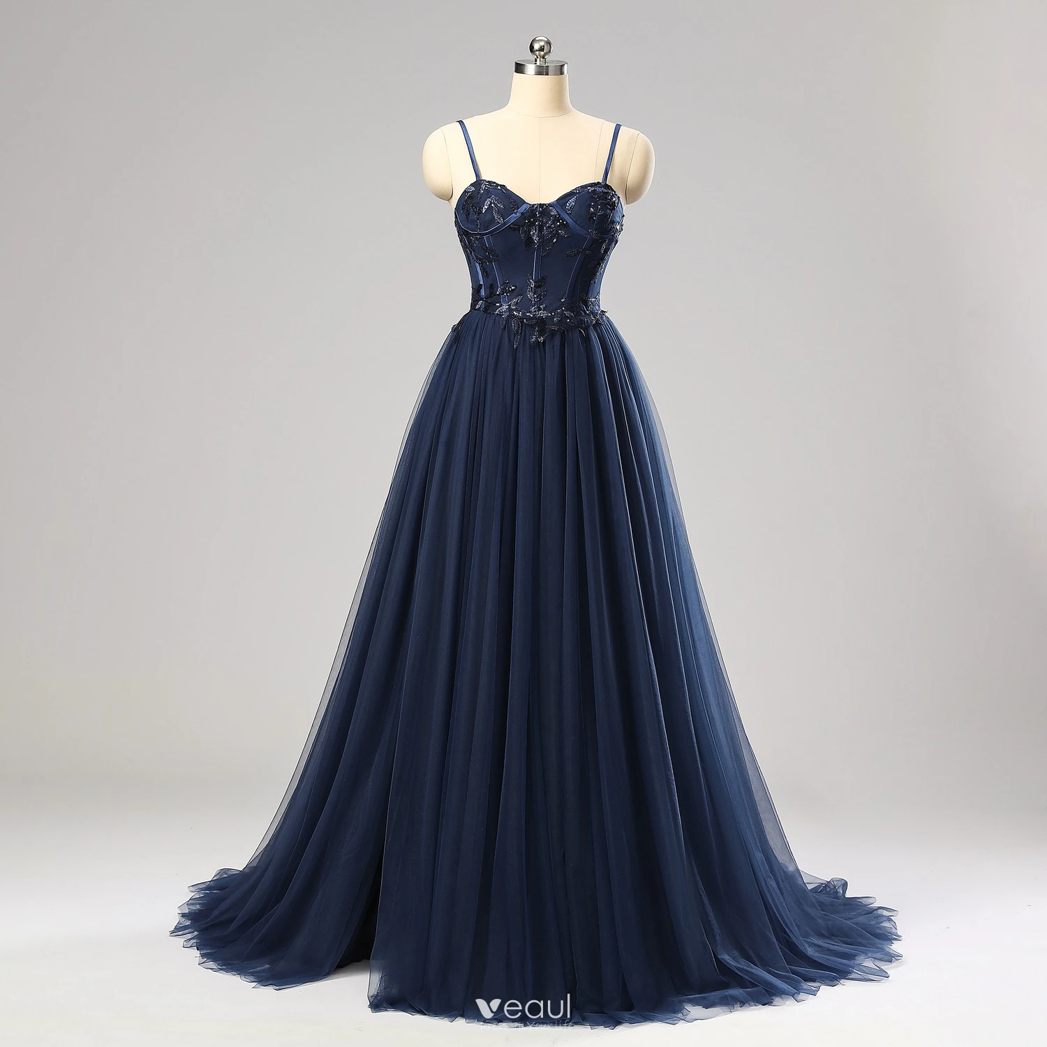 Chic / Beautiful Corset Dancing Navy Blue Prom Dresses 2024 Spaghetti Straps Sweet 16 Split Front Evening Dresses Crossed Straps Sleeveless A-Line / Princess Chic / Beautiful Corset Dancing Navy Blue Prom Dresses 2024 Spaghetti Straps Sweet 16 Split Front Evening Dresses Crossed Straps Sleeveless A-Line / Princess