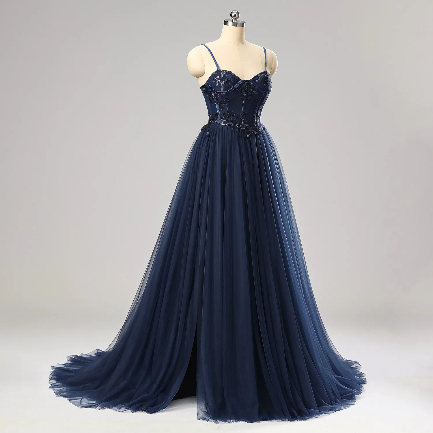 white christmas dresses Navy Blue Spaghetti Straps Corset Sequin Prom Dress with Slit – Anna  PromDress
