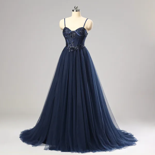 Chic Beautiful Corset Dancing Navy Blue Prom Dresses 2024 Spaghetti Straps Sweet 16