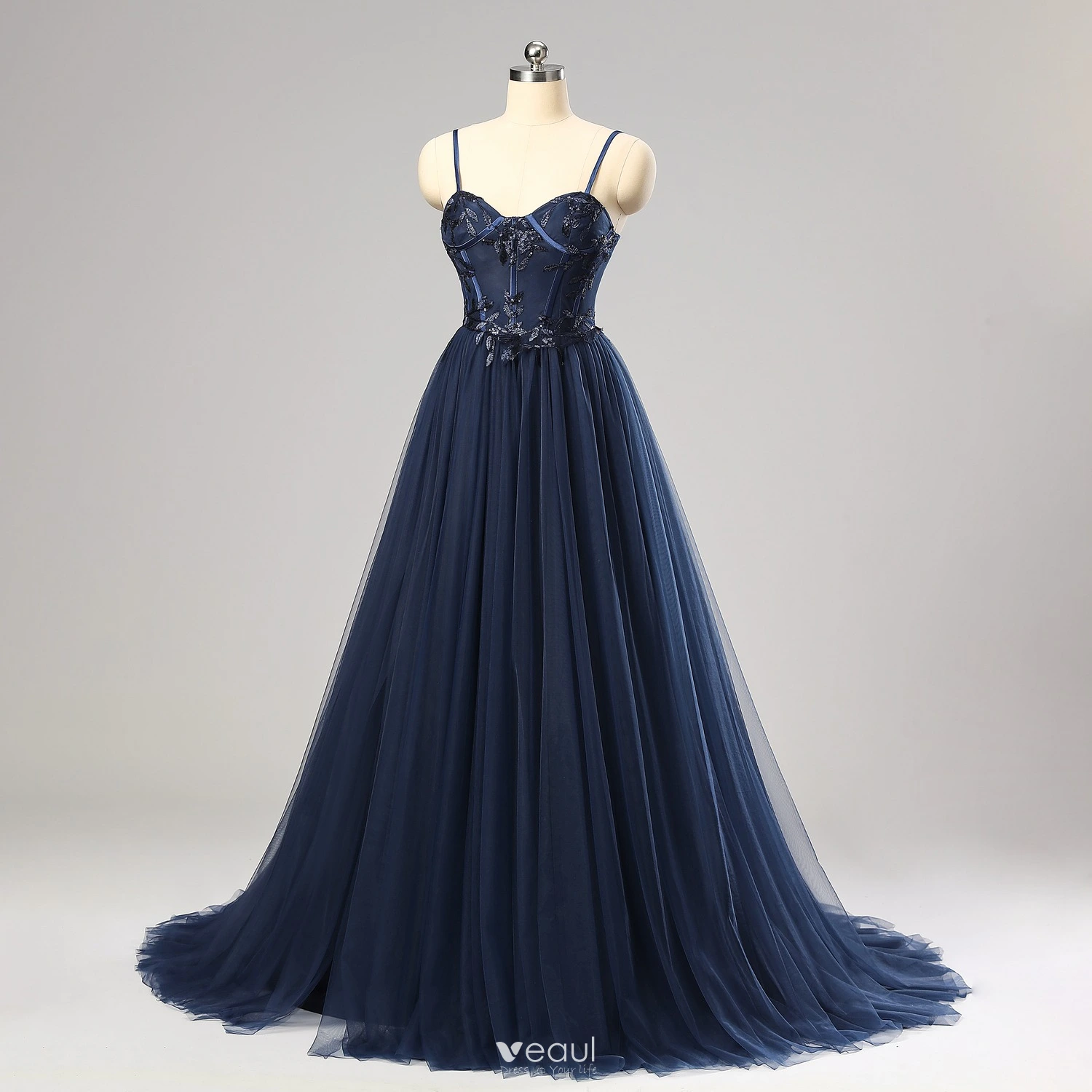 Chic / Beautiful Corset Dancing Navy Blue Prom Dresses 2024 Spaghetti  Straps Sweet 16 Split Front Evening Dresses Crossed Straps Sleeveless  A-Line / Princess