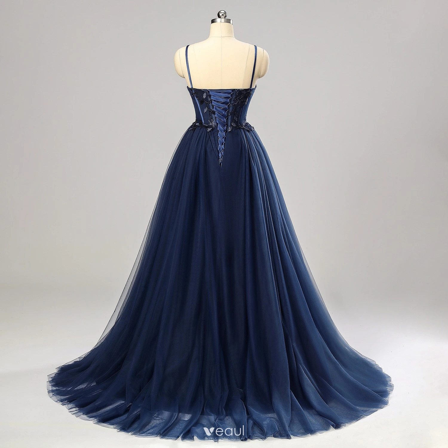 blue dress for baby girl Wedtrend Women Navy Prom Dress A Line Spaghetti Straps Corset Tulle Long Party Dress with Appliques, Navy / US12 main image 0