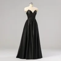 Maravilloso Negro Color Sólido Corsé Vestidos de gala 2024 Sweetheart Satén Vestidos Formales Correas Cruzadas Largos Sin Mangas A-Line / Princess