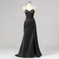 Sexy Trumpet / Mermaid Negro Vestidos de gala 2024 Color Sólido Satén Delante De Split Vestidos de noche Correas Cruzadas Largos Spaghetti Straps Sin Mangas