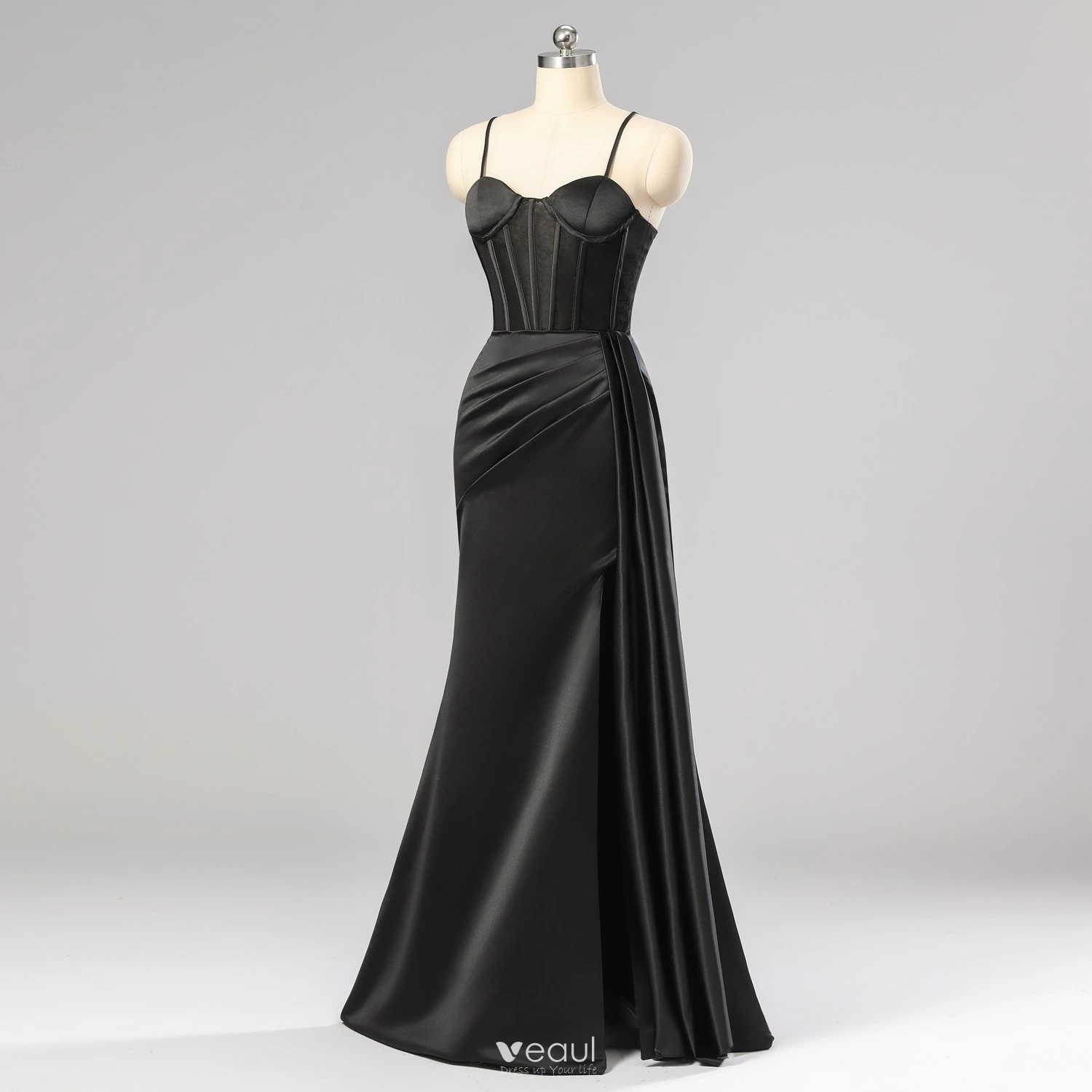 Satin Trumpet Mermaid Black Spaghetti Straps Prom Dress With Slit Satin Trumpet Mermaid Black Spaghetti Straps Prom Dress With Slit