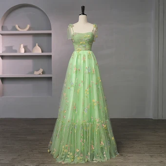 Flower Fairy Sage Green Embroidered Floral Prom Dresses 2023 Spaghetti Straps Tulle Sleeveless Sweetheart Floor Length Long Homecoming Formal Dresses