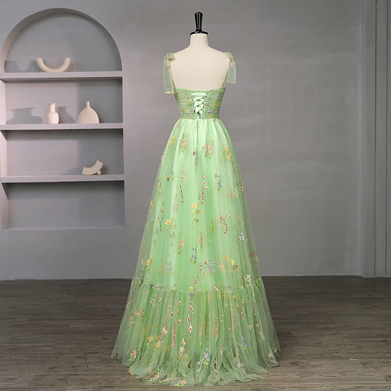 Flower Fairy Sage Green Embroidered Floral Prom Dresses 2023 Spaghetti Straps Tulle Long