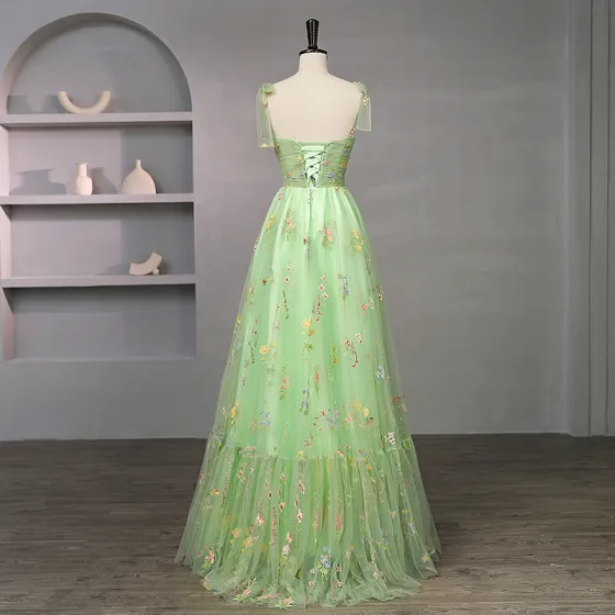 Flower Fairy Sage Green Embroidered Floral Prom Dresses 2023 Spaghetti Straps Tulle Sleeveless Sweetheart Floor-Length / Long Homecoming Formal Dresses