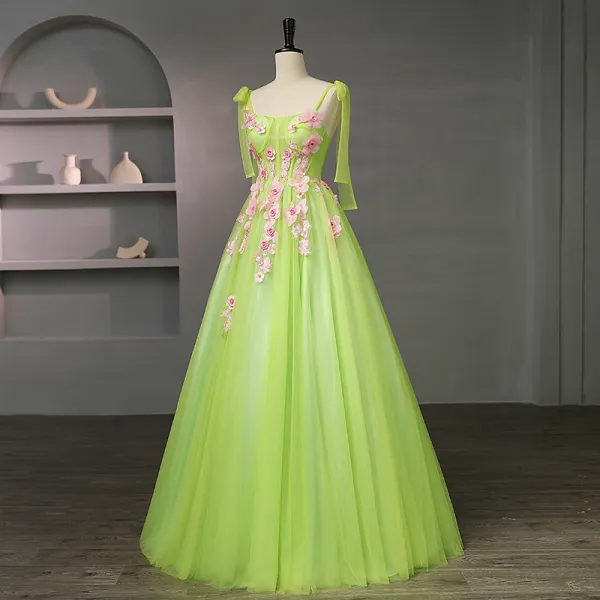 Hada de las flores Verde Floral Vestidos de gala 2023 Sweetheart Corsé Largos Tul Sin Mangas Vestidos Formales A-Line / Princess Ball Gown