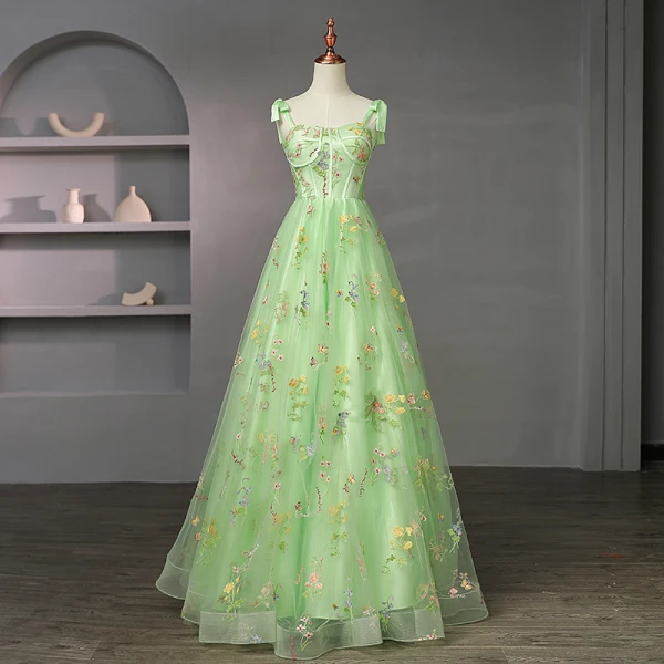 Fairytale Sage Green Embroidered Floral Prom Dresses 2023 Floor-Length / Long Formal Dresses Spaghetti Straps Ball Gown
