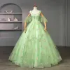 Fairytale Sage Green Embroidered Floral Prom Dresses 2023 Floor-Length / Long Formal Dresses Spaghetti Straps Ball Gown