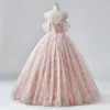 Fairytale Blushing Pink 3D Lace Floral Prom Dresses 2024 Crossed Straps Floor-Length / Long Tulle Strapless Sleeveless Engagement Formal Dresses