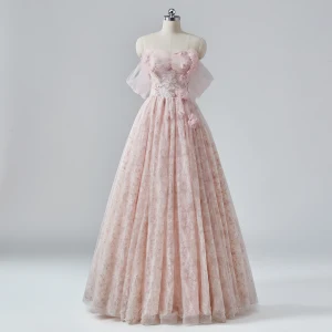 Eventyr Rødmende Rosa 3d Lace Blomster Ballkjoler 2024 Kryssede Stropper Lange Tyll Strapless Uten Ermer Forlovelses Formelle Kjoler
