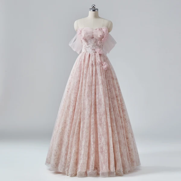 strapless open back dress Spaghetti Straps Pink Tulle Floral Long Prom Dresses, Pink Tulle Long –  jbydress