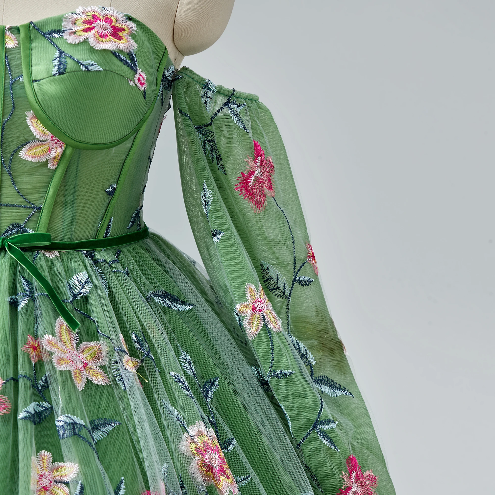 open lace back dress Green Tulle Prom Corset Dress with Floral Embroidery – VintageMist main image 0