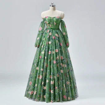 Flower Fairy Floral Dark Green Corset Prom Dresses 2024 Crossed Straps Tulle Sweetheart Homecoming Long Sleeve A Line Princess Ball Gown Formal Dresses