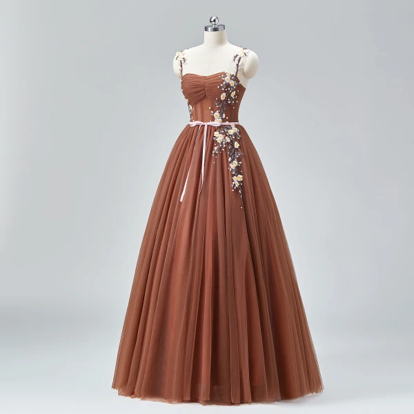 Flower Fairy Brown Spaghetti Straps Prom Dresses 2024 Crossed Straps Ruffle Tulle Floor-Length / Long Homecoming A-Line / Princess Ball Gown Formal Dresses