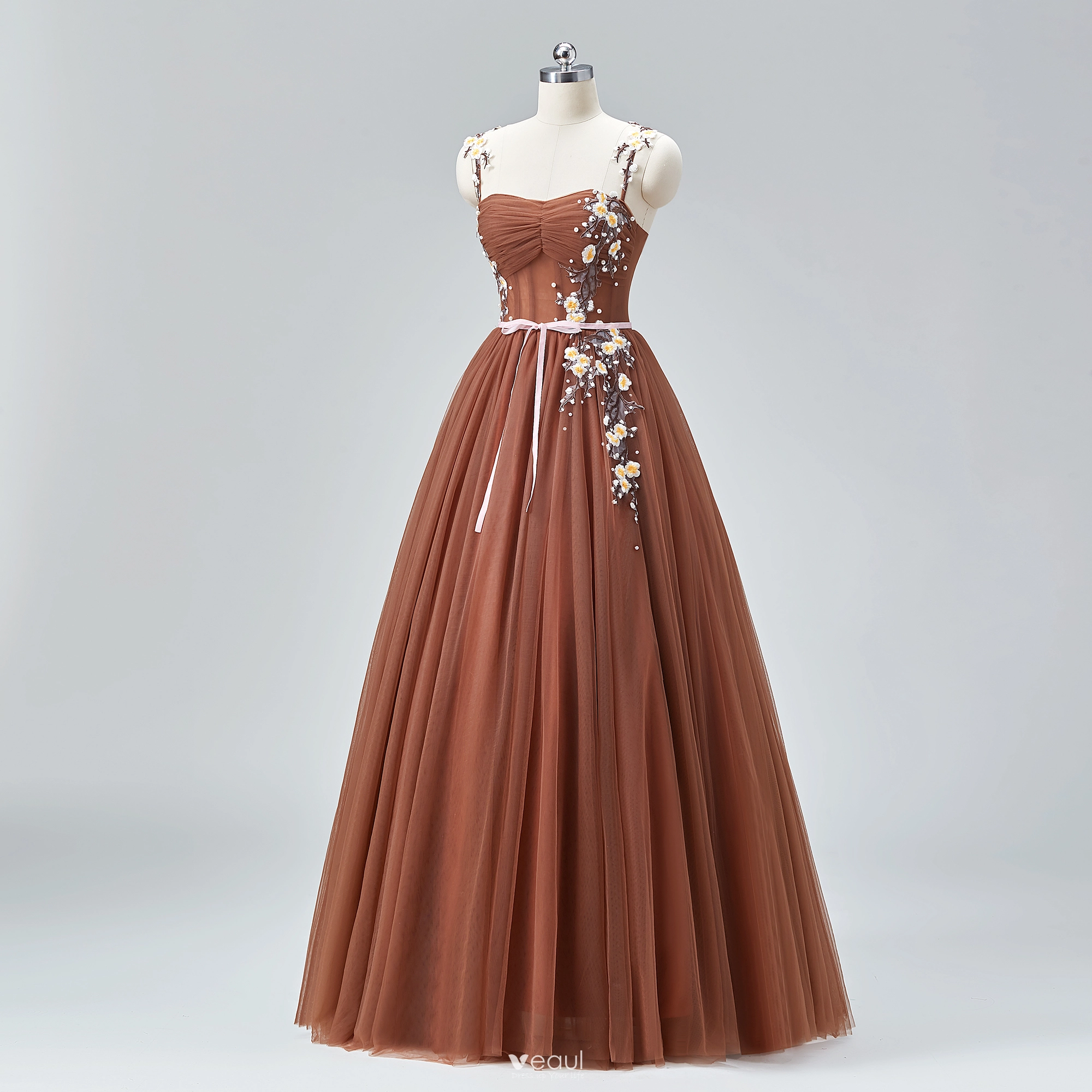 Flower Fairy Brown Spaghetti Straps Prom Dresses 2024 Crossed Straps Ruffle  Tulle Floor-Length / Long Homecoming A-Line / Princess Ball Gown Formal  Dresses