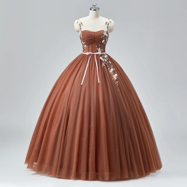 Flower Fairy Brown Spaghetti Straps Prom Dresses 2024 Crossed Straps Ruffle Tulle Floor-Length / Long Homecoming A-Line / Princess Ball Gown Formal Dresses