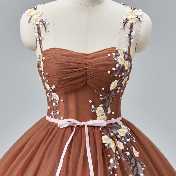 Flower Fairy Brown Spaghetti Straps Prom Dresses 2024 Crossed Straps Ruffle Tulle Floor-Length / Long Homecoming A-Line / Princess Ball Gown Formal Dresses