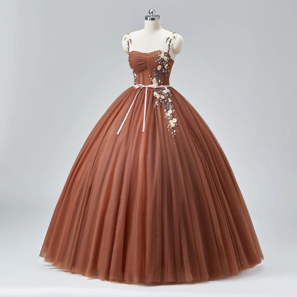 Flower Fairy Brown Spaghetti Straps Prom Dresses 2024 Crossed Straps Ruffle Tulle Floor-Length / Long Homecoming A-Line / Princess Ball Gown Formal Dresses