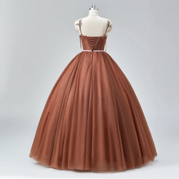 Flower Fairy Brown Spaghetti Straps Prom Dresses 2024 Crossed Straps Ruffle Tulle Floor-Length / Long Homecoming A-Line / Princess Ball Gown Formal Dresses