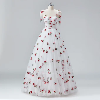 Fairytale White Cherry Prom Dresses 2024 Ruffle Tulle Spaghetti Straps Sleeveless A Line Princess Homecoming Ball Gown Formal Dresses