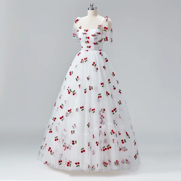 Fairytale White Cherry Prom Dresses 2024 Ruffle Tulle Spaghetti Straps Sleeveless A-Line / Princess Homecoming Ball Gown Formal Dresses