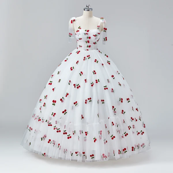 Fairytale White Cherry Prom Dresses 2024 Ruffle Tulle Spaghetti Straps Sleeveless A-Line / Princess Homecoming Ball Gown Formal Dresses